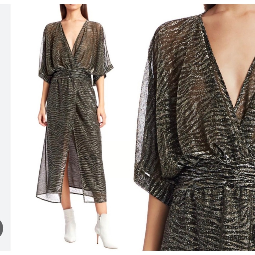New IRO Volsun Midi Dress Womens 36 Gold Black Metallic Zebra Print Glam Party